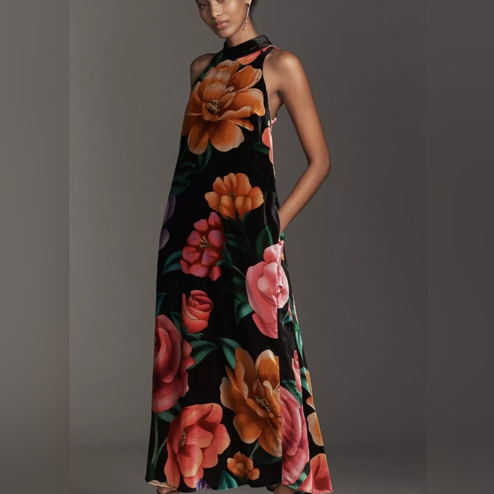 Farm Rio x Anthropologie Mock-Neck Printed Velvet Midi Dress